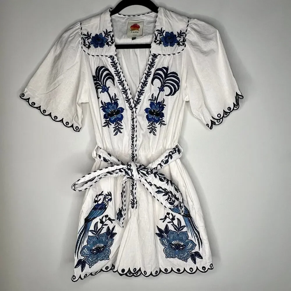 Farm Rio Embroidered Linen Romper Size XS - Picture 4 of 11